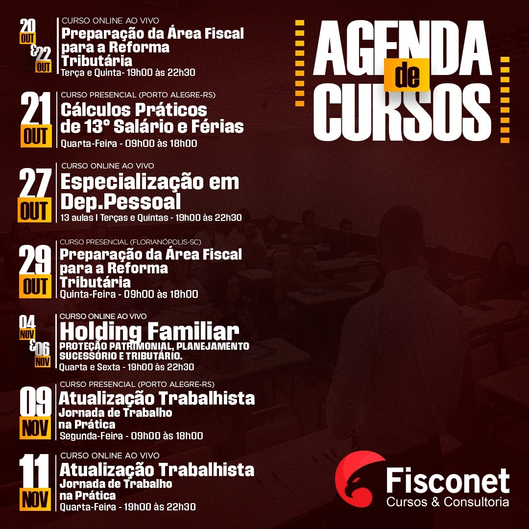 Agenda de cursos Fisconet: aulas online e presenciais em outubro e novembro de 2026